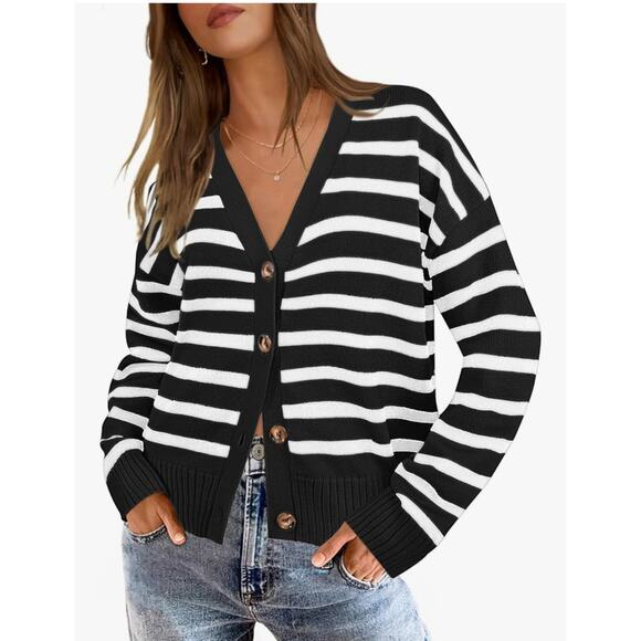 MEROKEETY Women's 2024 Long Sleeve Fall Cardigan Sweaters Striped Button Down - Picture 1 of 6